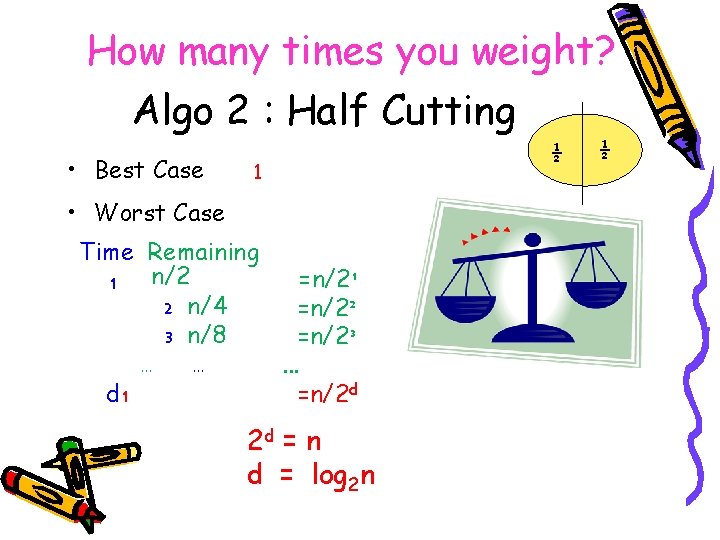 How many times you weight? Algo 2 : Half Cutting • Best Case ½