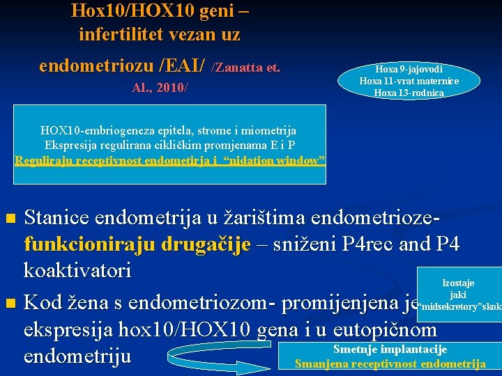 Hox 10/HOX 10 geni – infertilitet vezan uz endometriozu /EAI/ /Zanatta et. Al. ,