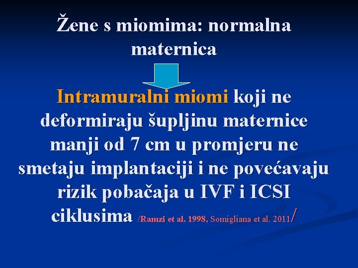 Žene s miomima: normalna maternica Intramuralni miomi koji ne deformiraju šupljinu maternice manji od