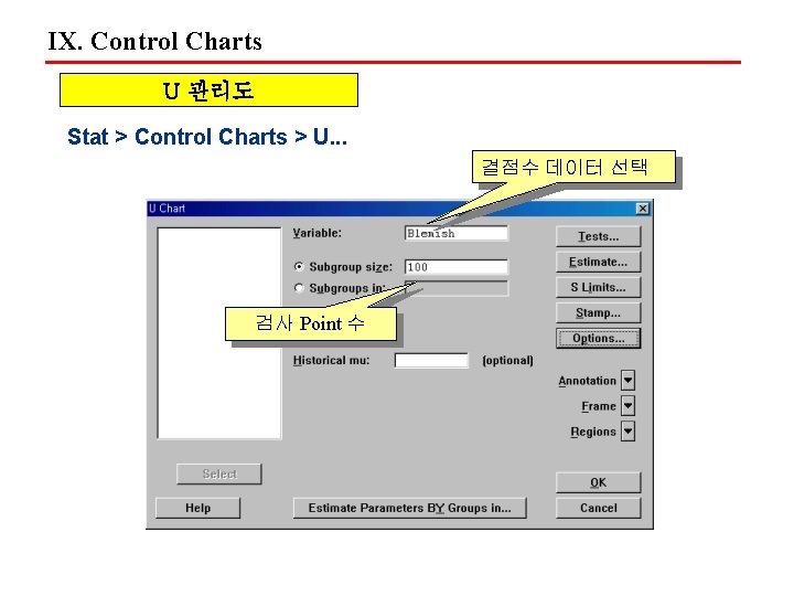 IX. Control Charts U 관리도 Stat > Control Charts > U. . . 결점수