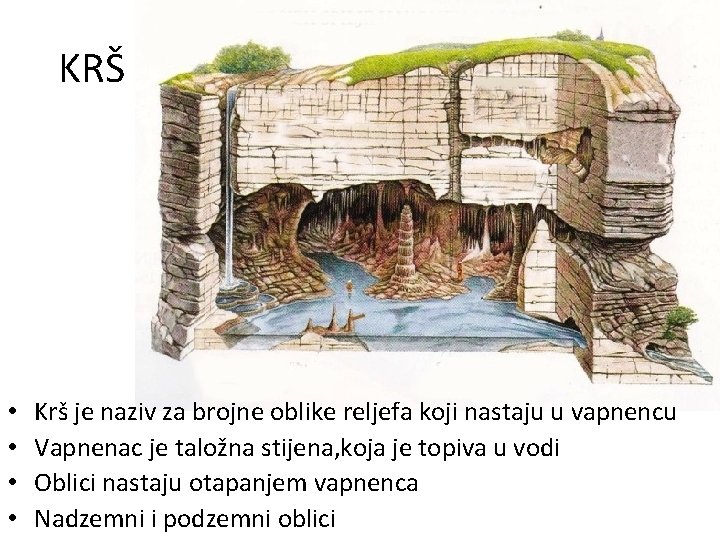 KRŠ • • Krš je naziv za brojne oblike reljefa koji nastaju u vapnencu