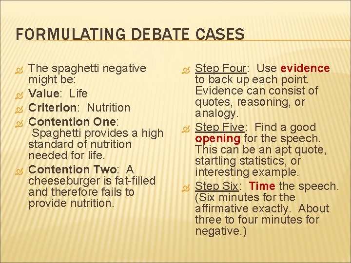 FORMULATING DEBATE CASES The spaghetti negative might be: Value: Life Criterion: Nutrition Contention One: