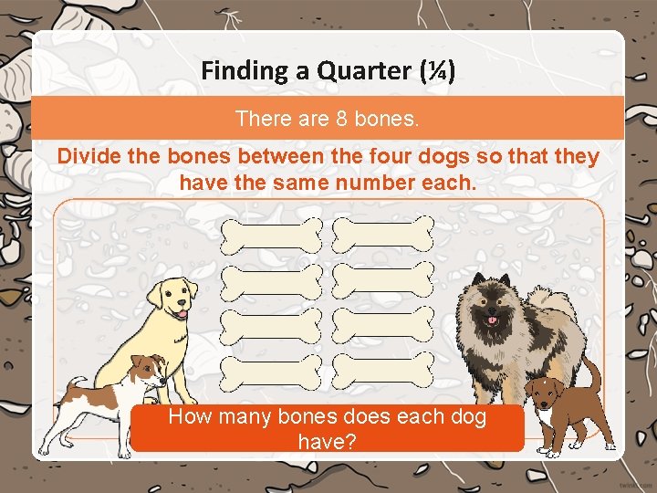 Finding a Quarter (¼) There are 8 bones. Divide the bones between the four