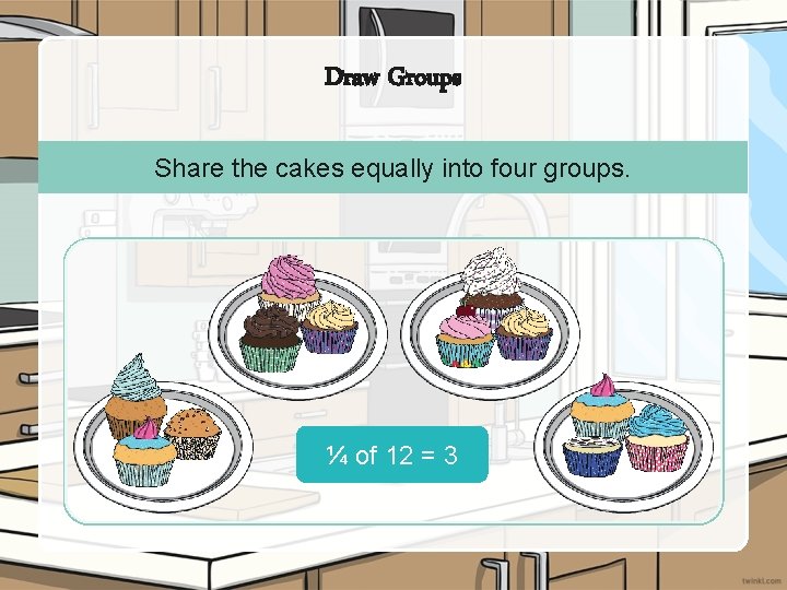 Draw Groups Share the cakes equally into four groups. ¼ of 12 = 3