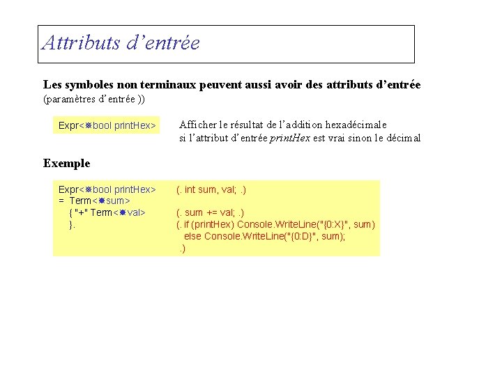 Attributs d’entrée Les symboles non terminaux peuvent aussi avoir des attributs d’entrée (paramètres d’entrée