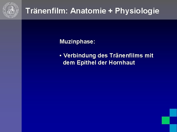 Tränenfilm: Anatomie + Physiologie Muzinphase: • Verbindung des Tränenfilms mit dem Epithel der Hornhaut