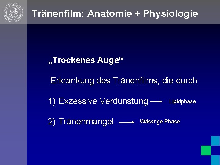 Tränenfilm: Anatomie + Physiologie „Trockenes Auge“ Erkrankung des Tränenfilms, die durch 1) Exzessive Verdunstung