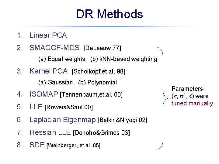 DR Methods 1. Linear PCA 2. SMACOF-MDS [De. Leeuw 77] (a) Equal weights, (b)