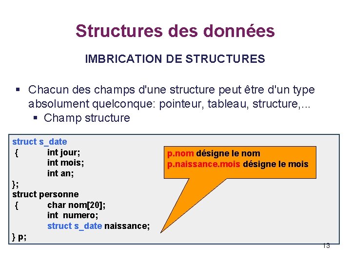 Structures données IMBRICATION DE STRUCTURES § Chacun des champs d'une structure peut être d'un