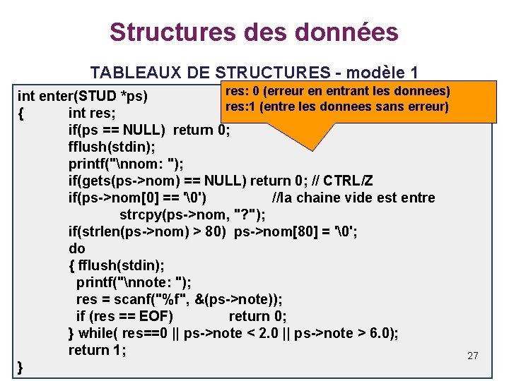 Structures données TABLEAUX DE STRUCTURES - modèle 1 res: 0 (erreur en entrant les