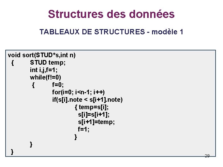 Structures données TABLEAUX DE STRUCTURES - modèle 1 void sort(STUD*s, int n) { STUD