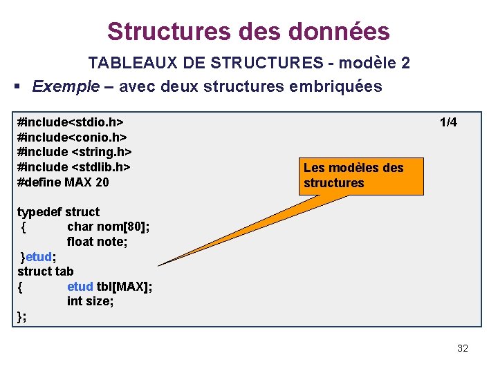 Structures données TABLEAUX DE STRUCTURES - modèle 2 § Exemple – avec deux structures