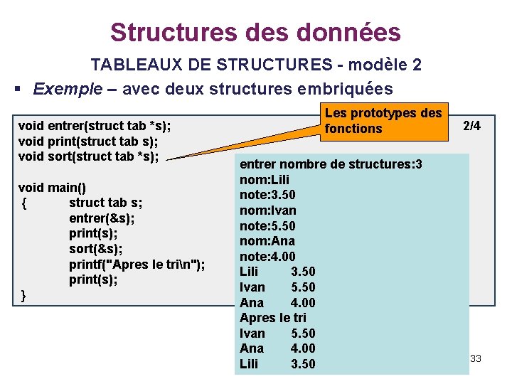 Structures données TABLEAUX DE STRUCTURES - modèle 2 § Exemple – avec deux structures