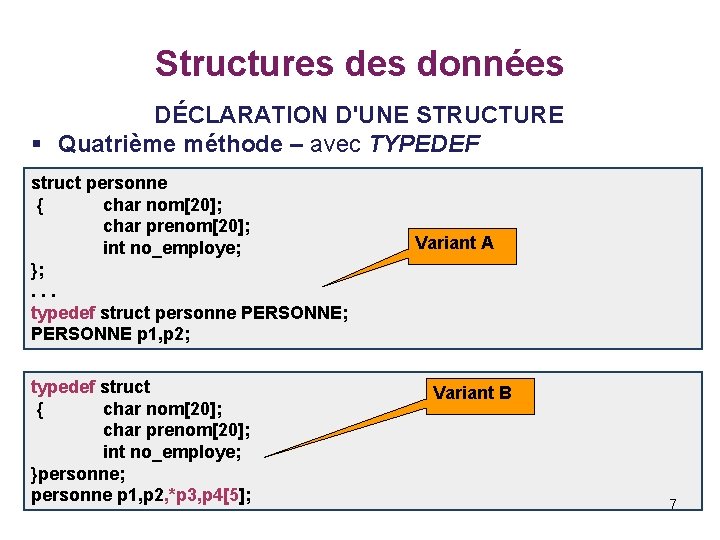 Structures données DÉCLARATION D'UNE STRUCTURE § Quatrième méthode – avec TYPEDEF struct personne {