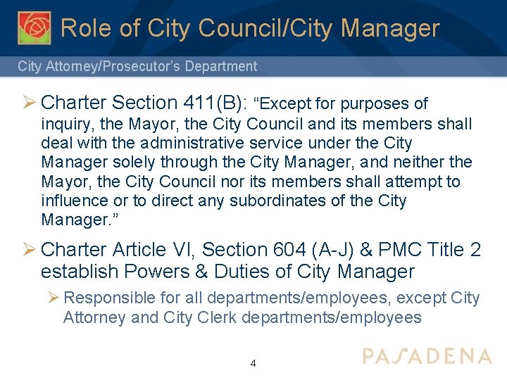 Role of City Council/City Manager City Attorney/Prosecutor’s Department Ø Charter Section 411(B): “Except for
