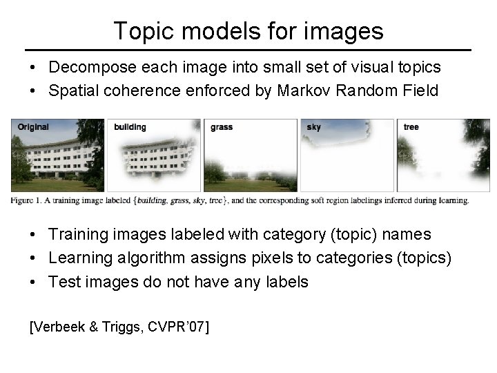 Topic models for images • Decompose each image into small set of visual topics