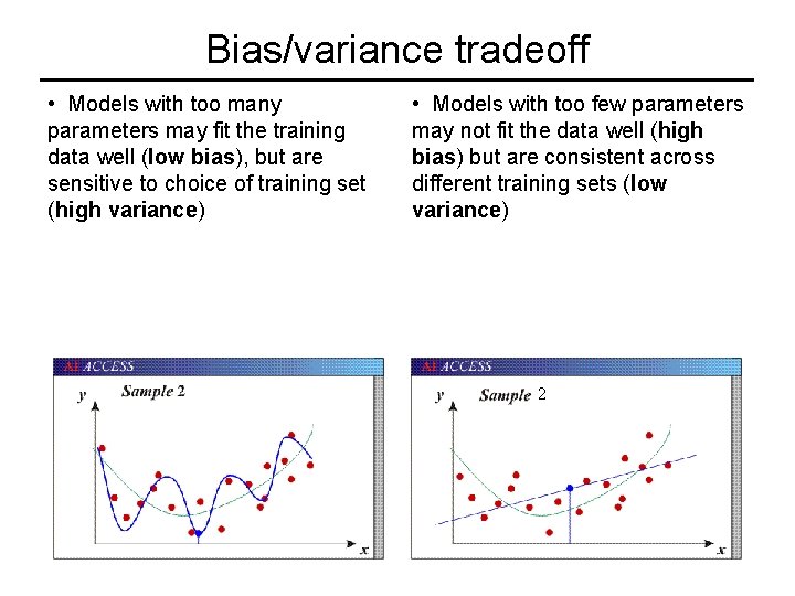 Bias/variance tradeoff • Models with too many parameters may fit the training data well