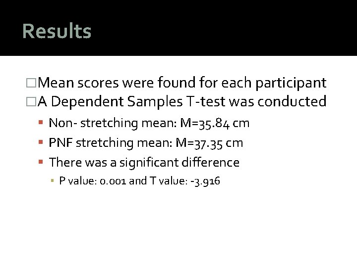 Results �Mean scores were found for each participant �A Dependent Samples T-test was conducted