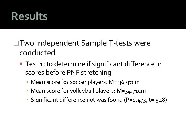 Results �Two Independent Sample T-tests were conducted Test 1: to determine if significant difference