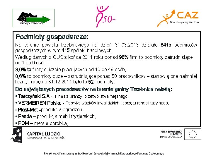 Podmioty gospodarcze: Na terenie powiatu trzebnickiego na dzień 31. 03. 2013 działało 8415 podmiotów