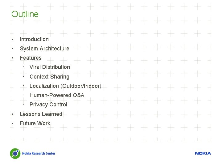 Outline • Introduction • System Architecture • Features · Viral Distribution · Context Sharing