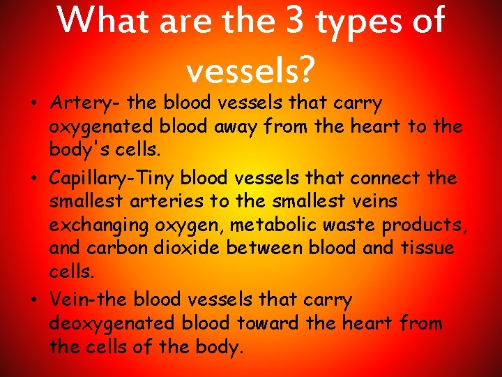 What are the 3 types of vessels? • Artery- the blood vessels that carry