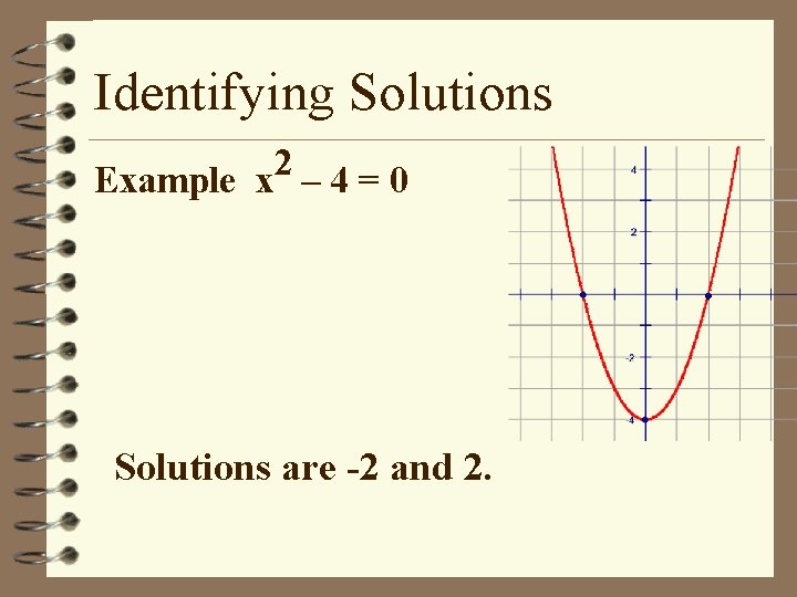 Identifying Solutions 2 Example x – 4 = 0 Solutions are -2 and 2.