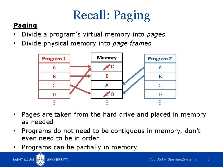 Recall: Paging • Divide a program’s virtual memory into pages • Divide physical memory