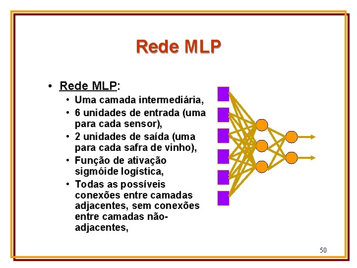 Rede MLP • Rede MLP: • Uma camada intermediária, • 6 unidades de entrada