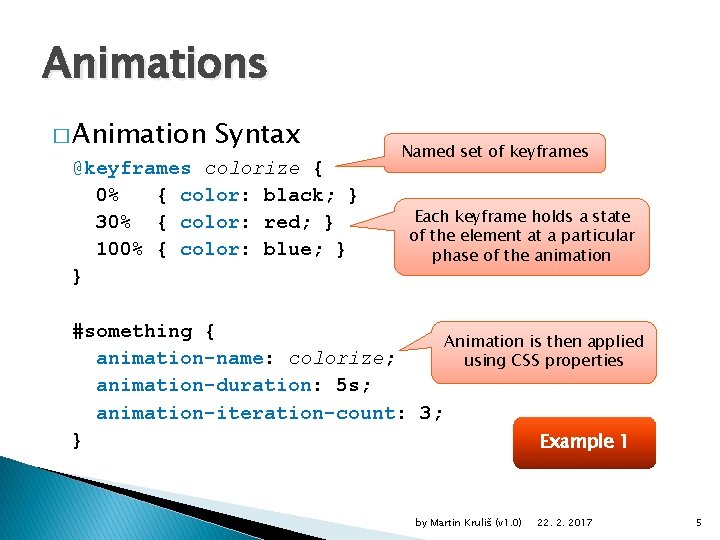 Animations � Animation Syntax @keyframes colorize { 0% { color: black; } 30% {