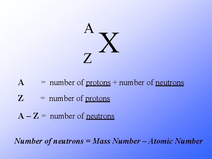 A X Z A = number of protons + number of neutrons Z =