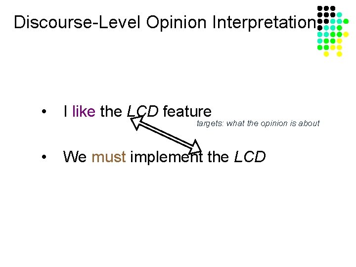 Discourse-Level Opinion Interpretation • I like the LCD feature • We must implement the