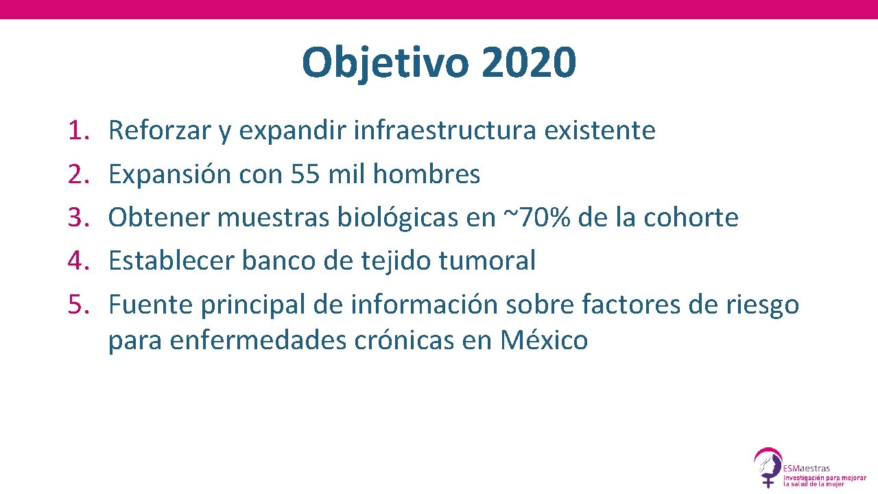 Objetivo 2020 1. 2. 3. 4. 5. Reforzar y expandir infraestructura existente Expansión con