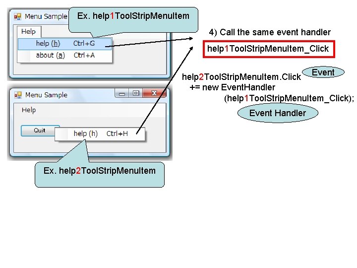 Ex. help 1 Tool. Strip. Menu. Item 4) Call the same event handler help