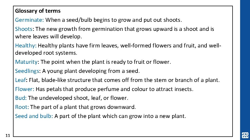 Glossary of terms Germinate: When a seed/bulb begins to grow and put out shoots.