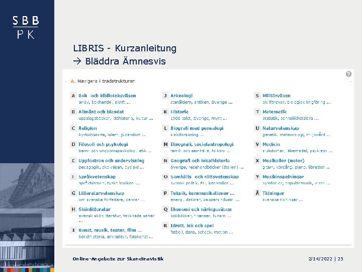 LIBRIS - Kurzanleitung Bläddra Ämnesvis Online-Angebote zur Skandinavistik 2/14/2022 | 25 