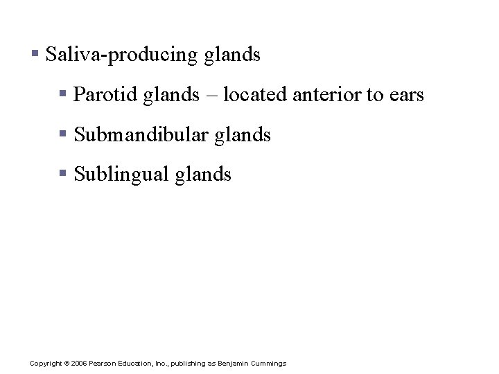 Salivary Glands § Saliva-producing glands § Parotid glands – located anterior to ears §