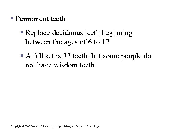 Teeth § Permanent teeth § Replace deciduous teeth beginning between the ages of 6