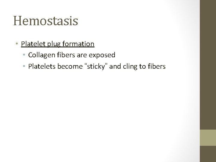 Hemostasis • Platelet plug formation • Collagen fibers are exposed • Platelets become “sticky”