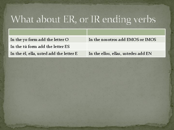 What about ER, or IR ending verbs In the yo form add the letter