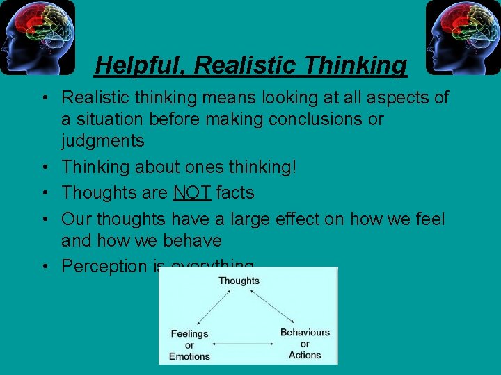Helpful, Realistic Thinking • Realistic thinking means looking at all aspects of a situation