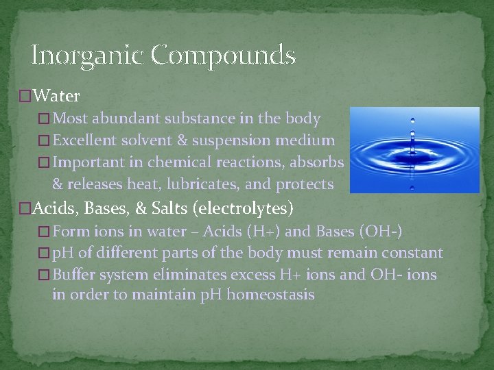 Inorganic Compounds �Water � Most abundant substance in the body � Excellent solvent &