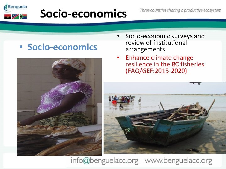 Socio-economics • Socio-economics • Socio-economic surveys and review of institutional arrangements • Enhance climate