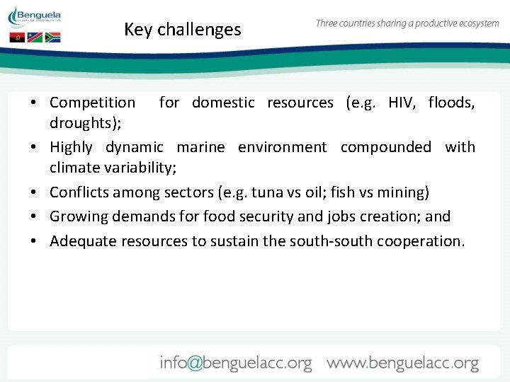 Key challenges • Competition for domestic resources (e. g. HIV, floods, droughts); • Highly