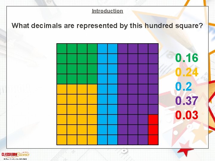 Introduction What decimals are represented by this hundred square? 0. 16 0. 24 0.