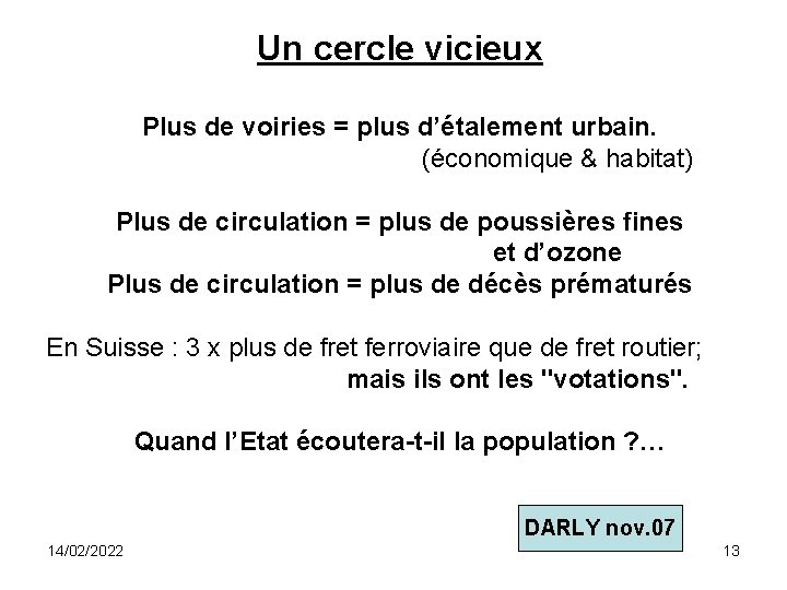 Un cercle vicieux Plus de voiries = plus d’étalement urbain. (économique & habitat) Plus