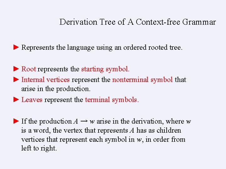 Derivation Tree of A Context-free Grammar ► Represents the language using an ordered rooted