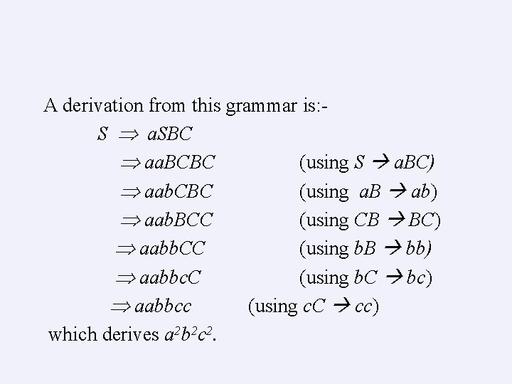 A derivation from this grammar is: S a. SBC aa. BCBC (using S a.