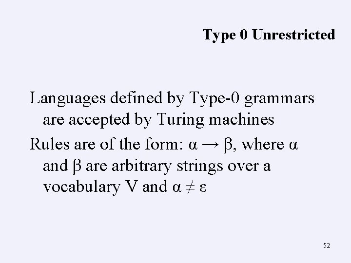 Type 0 Unrestricted Languages defined by Type-0 grammars are accepted by Turing machines Rules