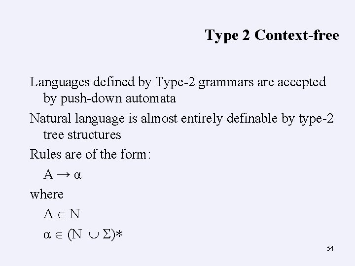 Type 2 Context-free Languages defined by Type-2 grammars are accepted by push-down automata Natural